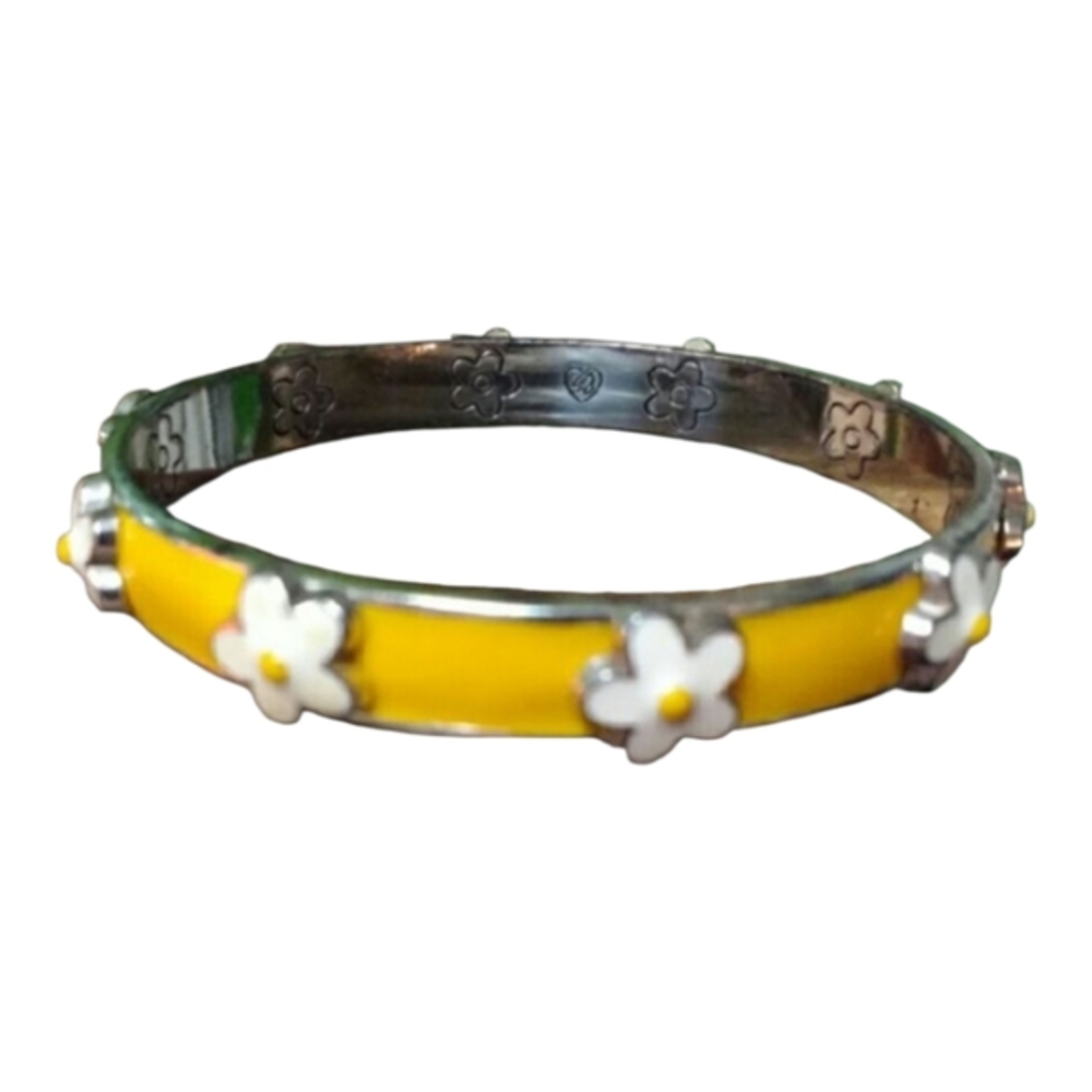 Brightin Silver Plated Bangle Bracelet Yellow Enamel White Flower Motif Cute